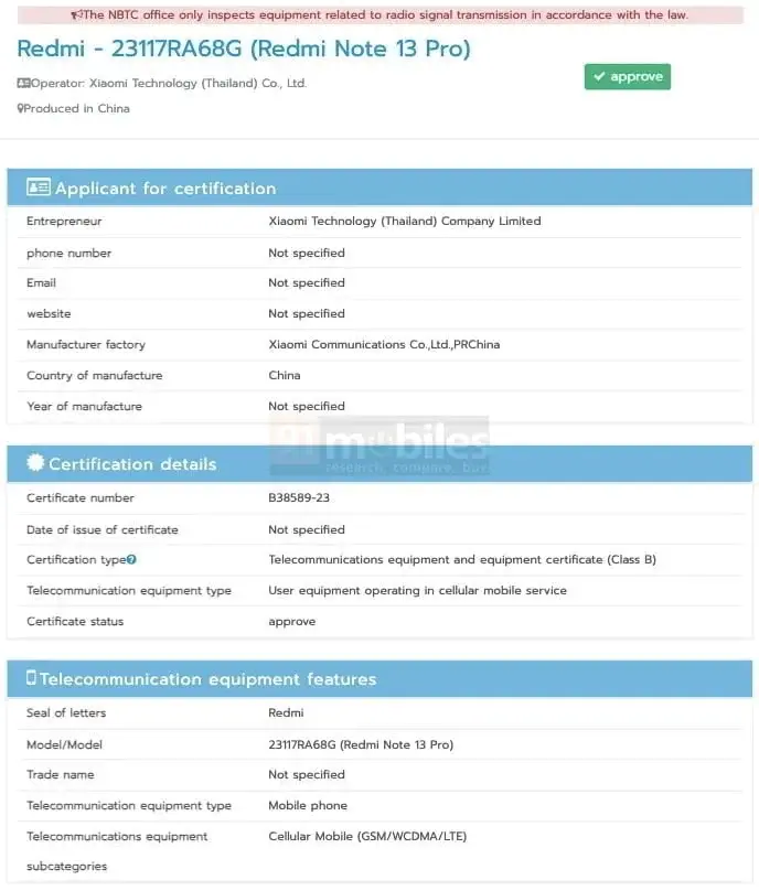 Global Launch of Redmi Note 13 Pro Imminent as NBTC Sighting Confirms