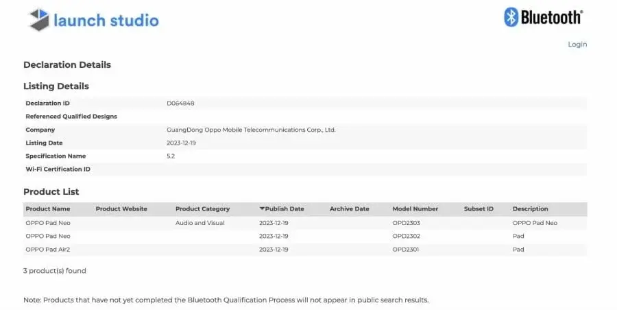 Bluetooth SIG certification obtained for OPPO Pad Neo, indicating imminent release