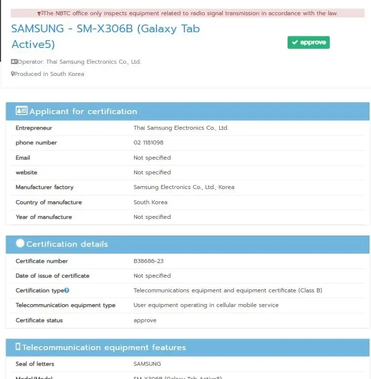 NBTC Lists Samsung Galaxy Tab Active 5 Prior to Launch