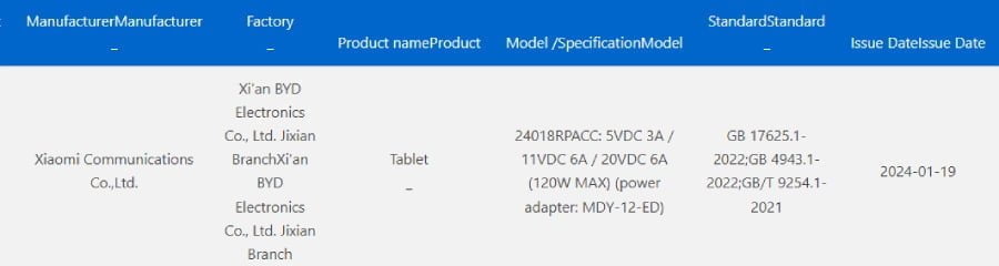 Xiaomi's Latest Tablet, Potentially Pad 7 Pro, Achieves 3C Certification Featuring 120W Fast Charging