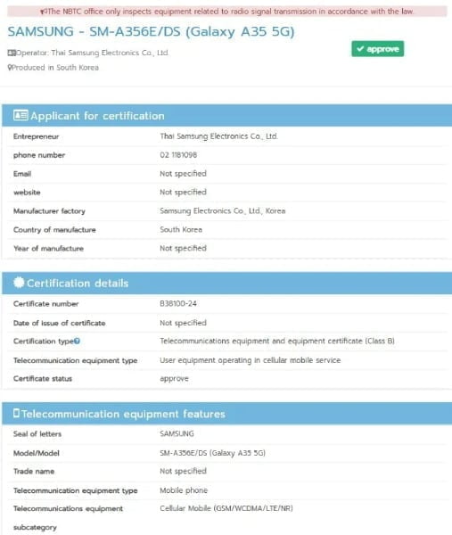 Thailand’s NBTC filing reveals Samsung Galaxy A35 5G