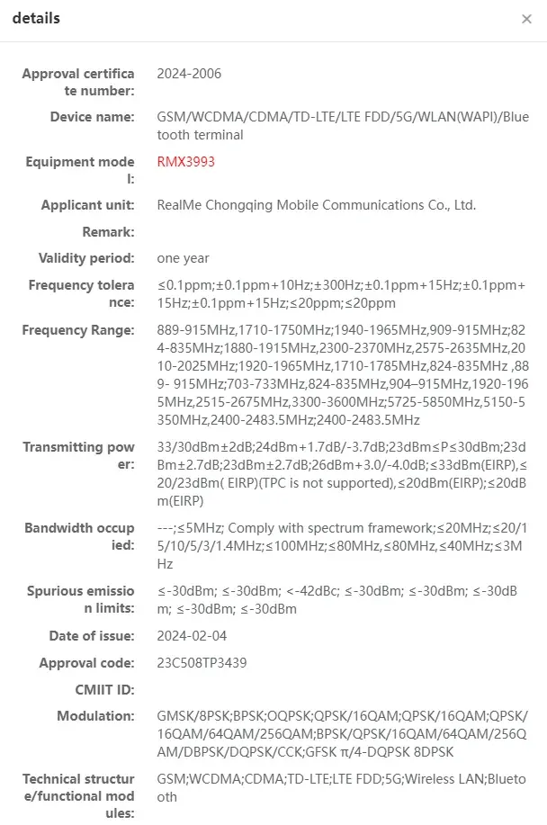 Realme GT Neo 6 potentially secures radio certification under model name Realme RMX3993