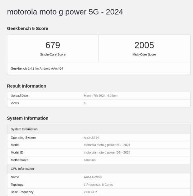 Moto G Power 5G (2024) Geekbench Leak: Dimensity 7020 Processor