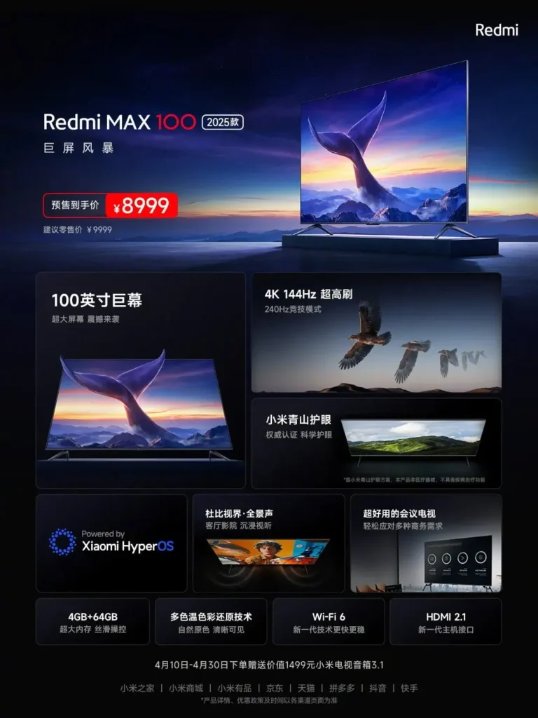 Xiaomi reveals 100-inch Redmi MAX TV featuring 144 Hz display