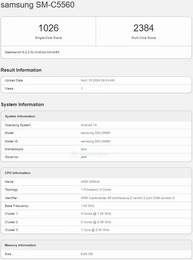 Samsung Galaxy C55 5G Snapdragon 7 Gen 1 Spotted on Geekbench