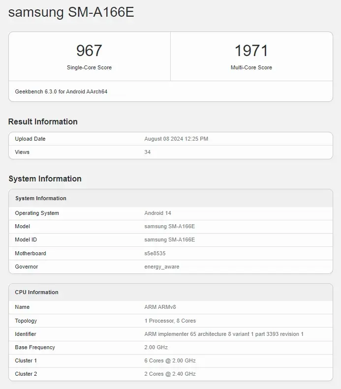 Samsung Galaxy A16 5G Global Model on Geekbench with Dimensity 6300