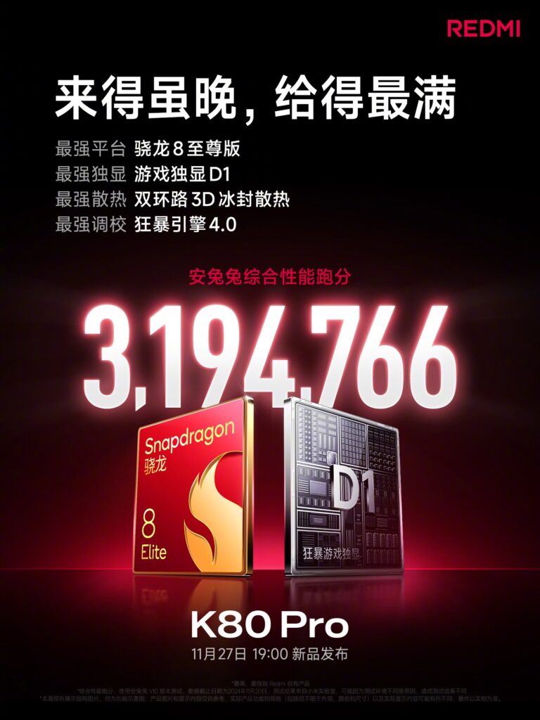 Redmi K80 Pro: Snapdragon 8 Elite, D1 Chip, 3M AnTuTu Score