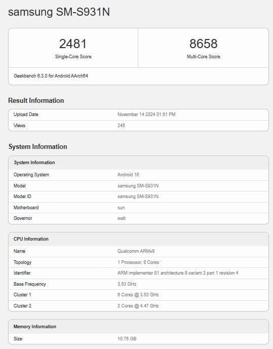 Galaxy S25 with Snapdragon 8 Elite Appears on Geekbench, Performance Lags