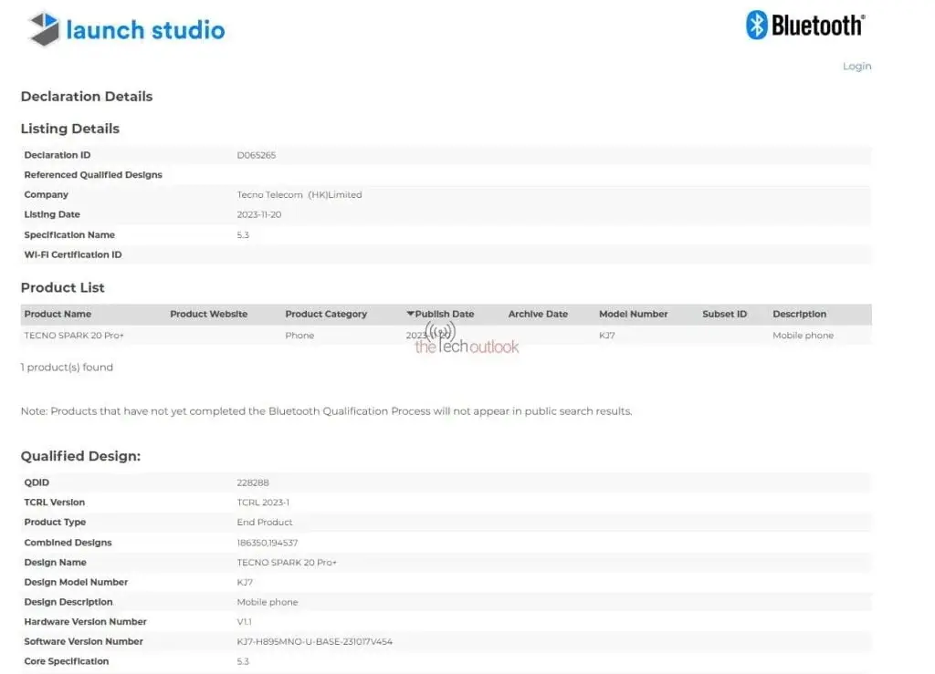 Certification Received: Tecno Spark 20 Pro+ from Bluetooth SIG; Imminent Launch Anticipated
