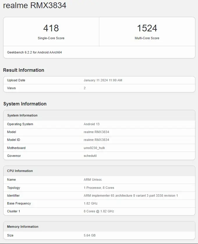 Geekbench Shows Realme Note 50 with UniSoC CPU