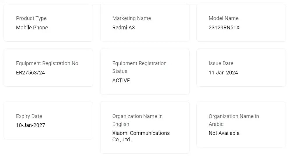 Imminent launch as Redmi A3 receives TDRA certification.