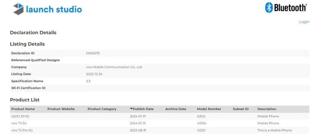 Bluetooth SIG certification granted to iQOO Z9 5G, Vivo T3 TG, Vivo Y18, Y18e, and Y03 models