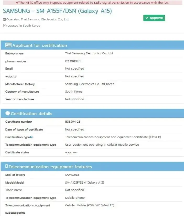 Clues from NBTC Records Suggest Upcoming Samsung Galaxy A15 4G Release
