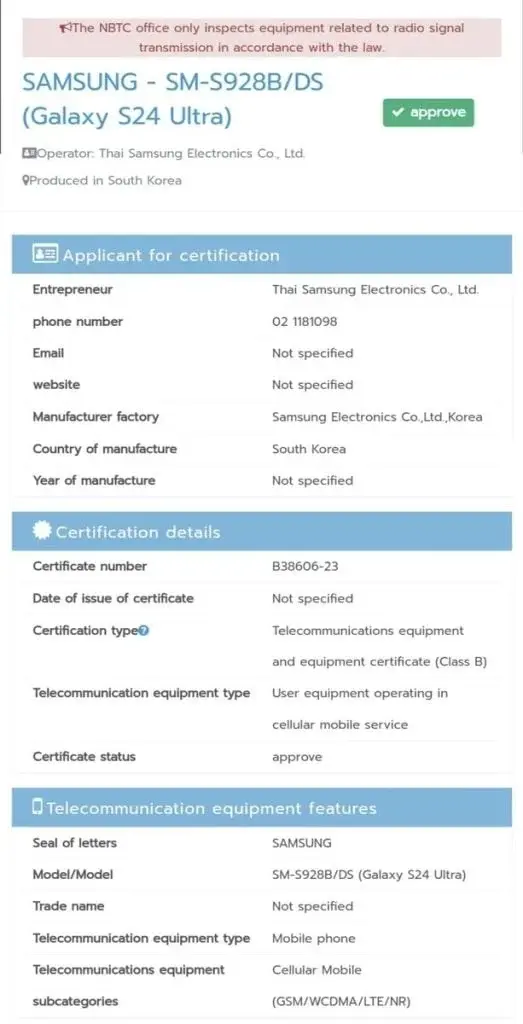 NBTC Certifies Samsung Galaxy S24 Ultra, Indicating Possible Early Release in January 2024