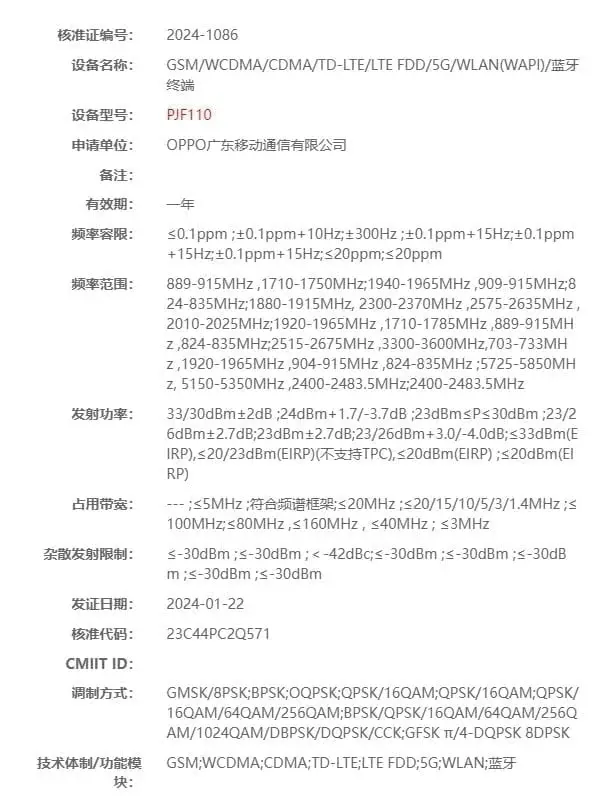 OPPO PJF110 achieves radio certification in China