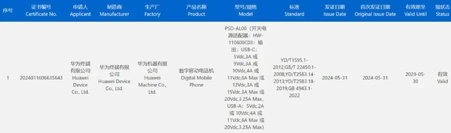 Huawei PSD-AL00 Phone Gets 3C Certification, Likely Nova 13