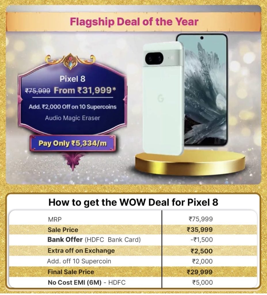 Google Pixel 8 at Rs 29,999 ($359) for Big Billion Days Sale
