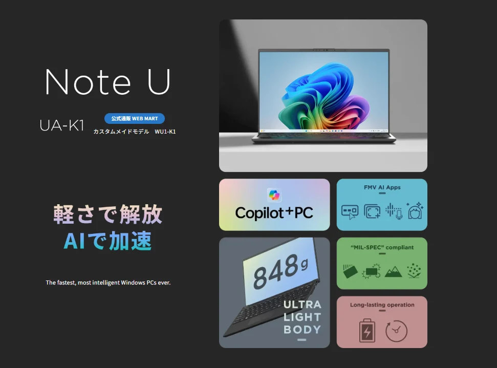 Fujitsu FMV Note U AI Laptop: Intel Core Ultra 7, 848g Weight
