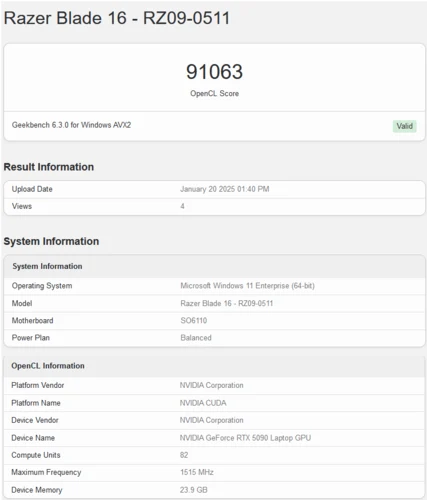 GeForce RTX 5090 Laptop Debuts on Geekbench with Razer Blade 16