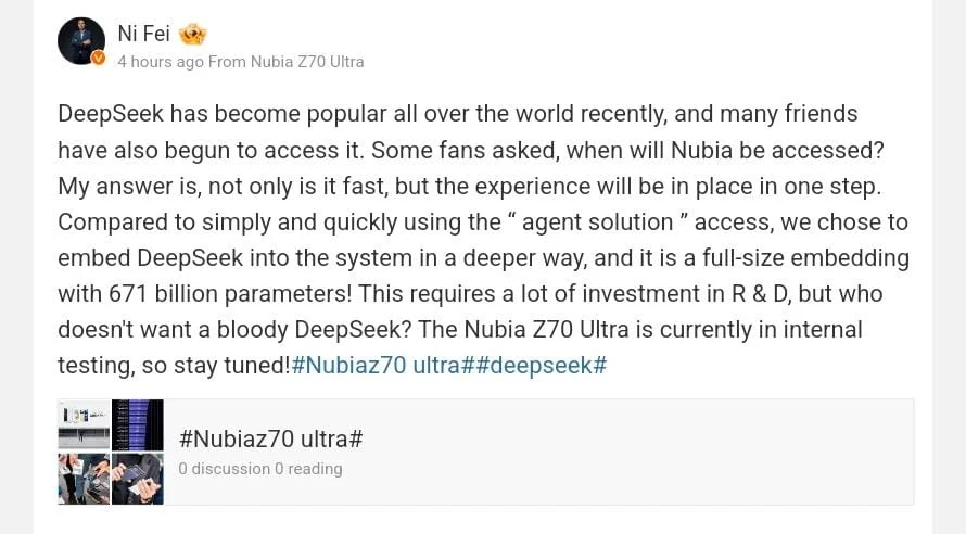 Nubia Z70 Ultra to Feature On-Device DeepSeek Technology