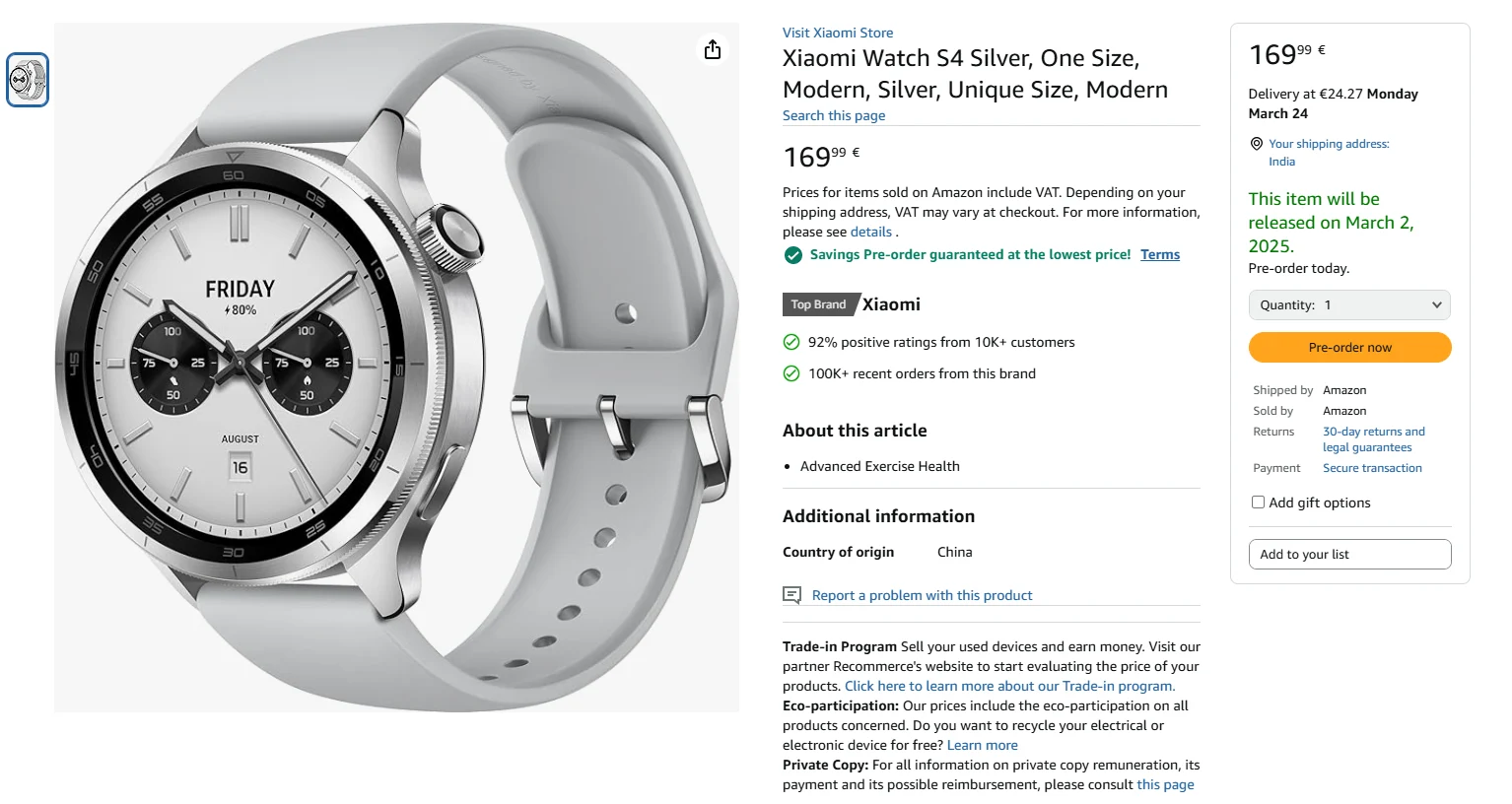 Xiaomi Watch S4 Prices on Amazon: Base Model €159.99