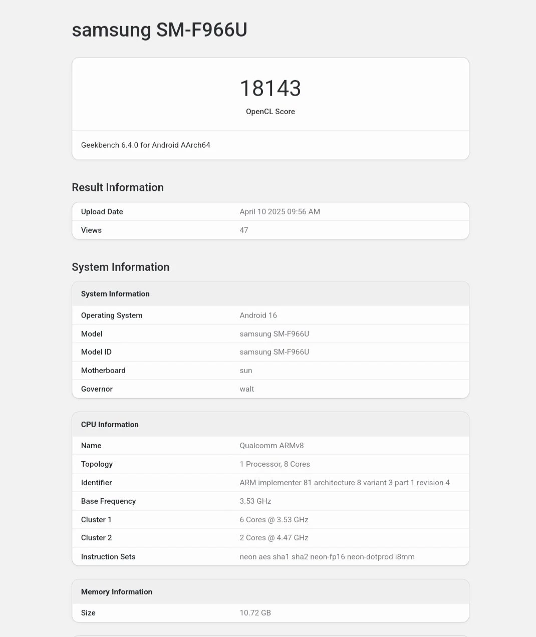Galaxy Z Fold 7 Appears on GeekBench with One UI 8 and Android 16