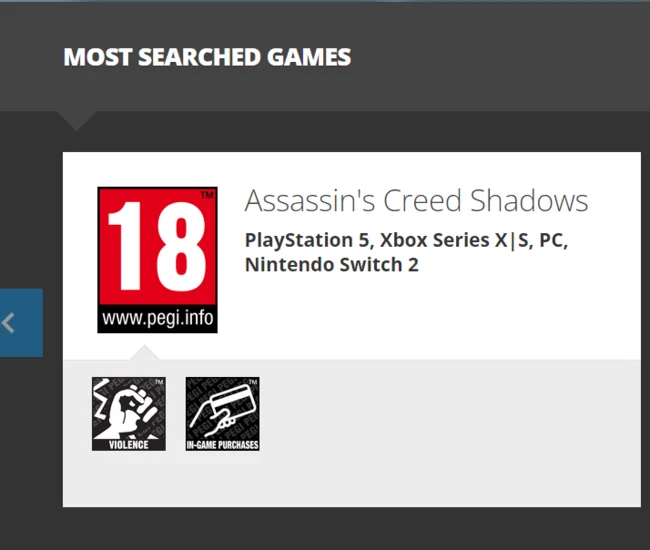 Assassin's Creed Shadows on Nintendo Switch 2: PEGI Rating Leak