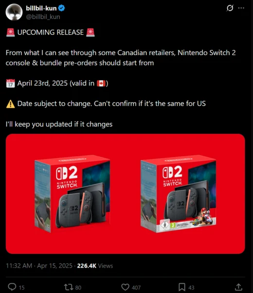 Canadian Nintendo Switch 2 Pre-Order Date Leaked for U.S. Gamers