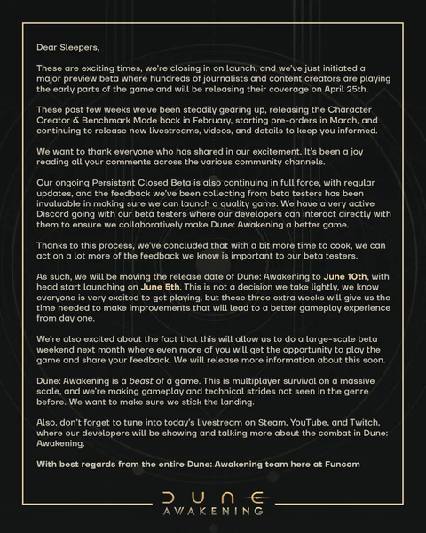 Dune: Awakening Release Date Delayed After Beta Test Feedback