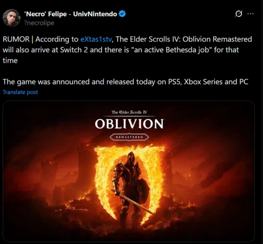 Elder Scrolls IV: Oblivion Remastered Coming to Nintendo Switch 2