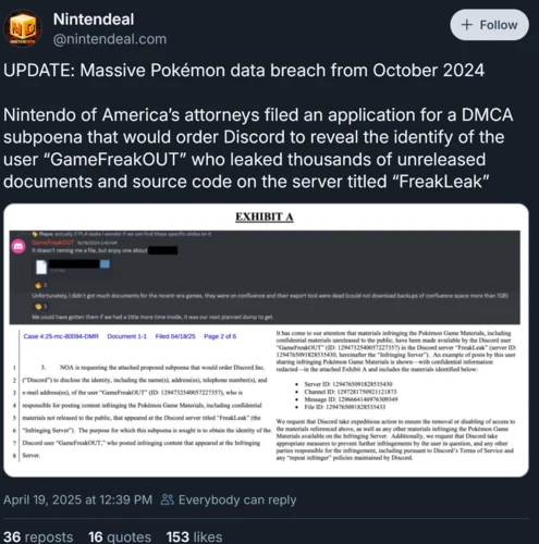 Nintendo Investigates Discord User Behind Huge Pokémon Game Leak