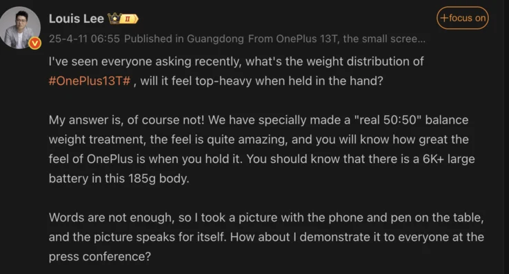 OnePlus 13T Features Balanced Weight with Large Battery Design