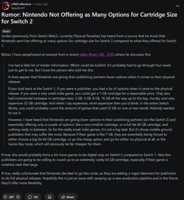 Nintendo Switch 2 Games May Use Game-Key Cards Due to Size Limits