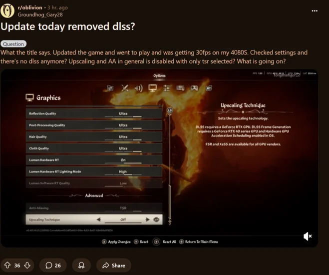Elder Scrolls IV: Oblivion Remastered Patch Hides DLSS Settings