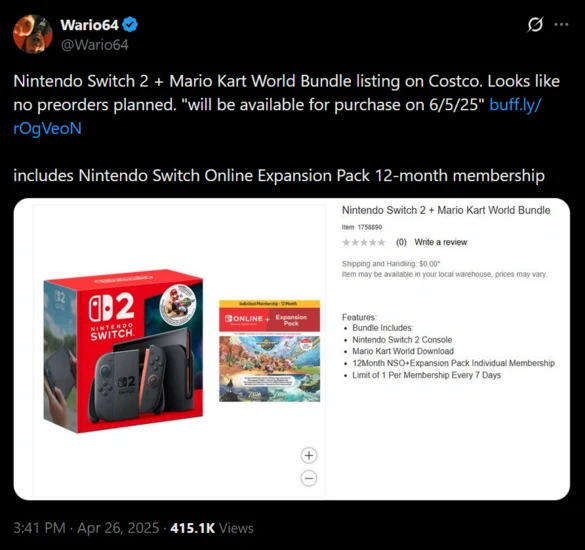 Costco Offers Mario Kart World & Switch Online Bundle at Great Price