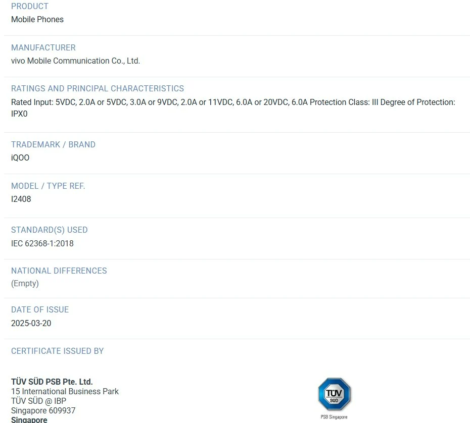 iQOO Neo 10 Certification Hints at 120W Charging Support