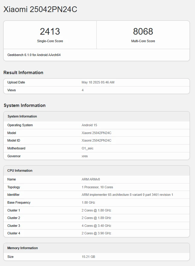 Xiaomi 15s Pro Geekbench: Xring 01 Deca-Core Chip at 3.90GHz