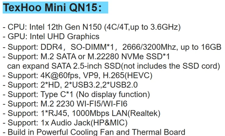 TexHoo QN15: Affordable Mini PC with Intel Twin Lake CPU Launch