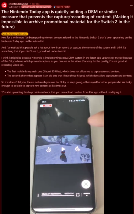 Nintendo Today! App Blocks Screen Captures of Copyrighted Switch 2 Videos