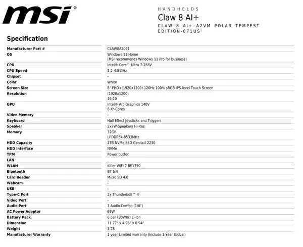 MSI Claw 8 AI+ Polar Tempest Edition Returns for Global Release