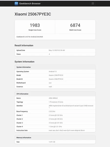 Xiaomi Civi 5 Pro Launches on Geekbench with Snapdragon 8s Gen 4
