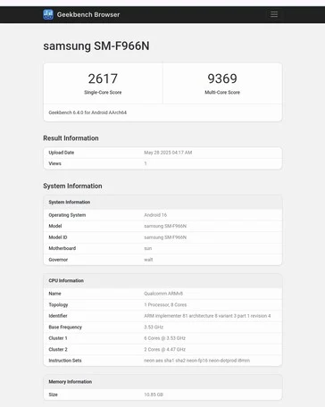 Samsung Galaxy Z Fold7 Surfaces on Geekbench with 12GB RAM
