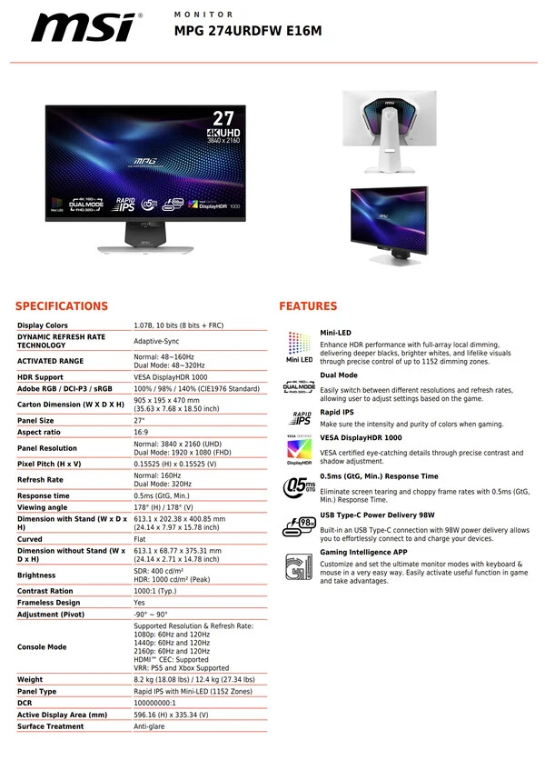 MSI Launches 1152 Zone Mini LED Gaming Monitor MPG 274URDFW E16M