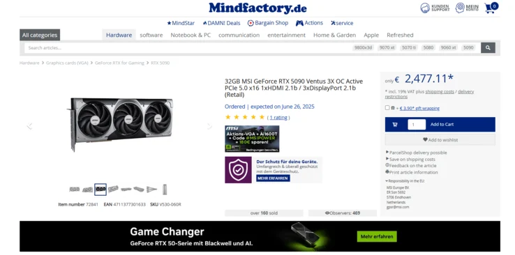 Nvidia RTX 5090 Price Drops Below 2000 EUR in Europe