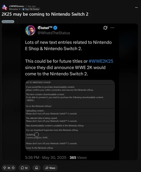 Nintendo Switch 2 Games Could Feature Custom Music After WWE 2K25 Data Mine
