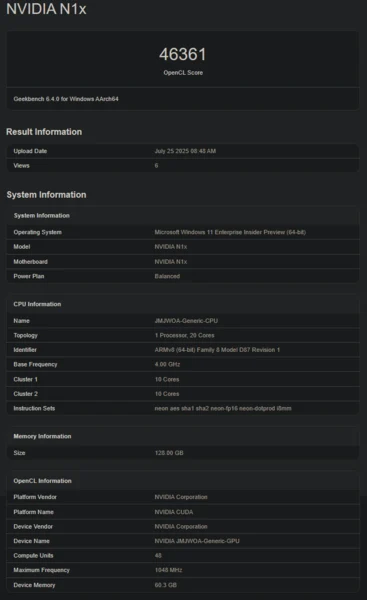 Nvidia N1X GPU Specs Leaked in Geekbench Listing
