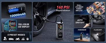 Gooloo GT160: Portable Tire Inflator and Power Bank 10,000mAh