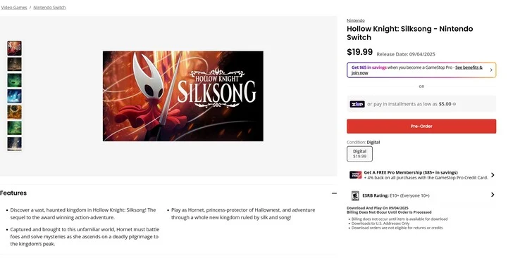 GameStop Leaks Hollow Knight: Silksong Pre-Order Price Details