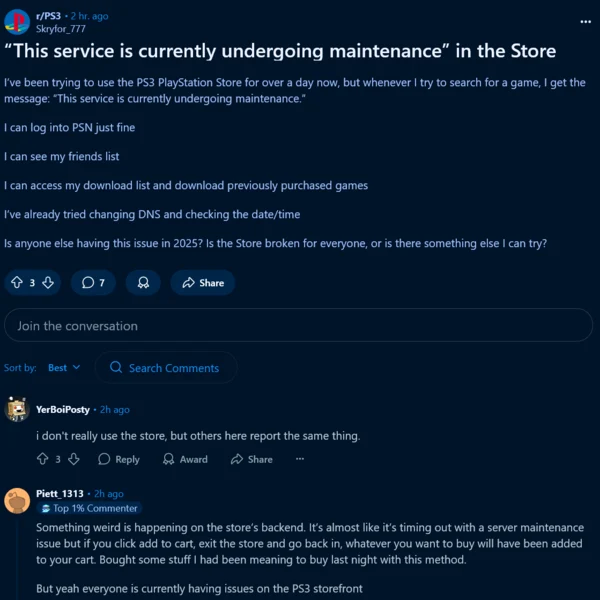 PS3 PlayStation Store Connectivity Issues Affecting PS5 Games