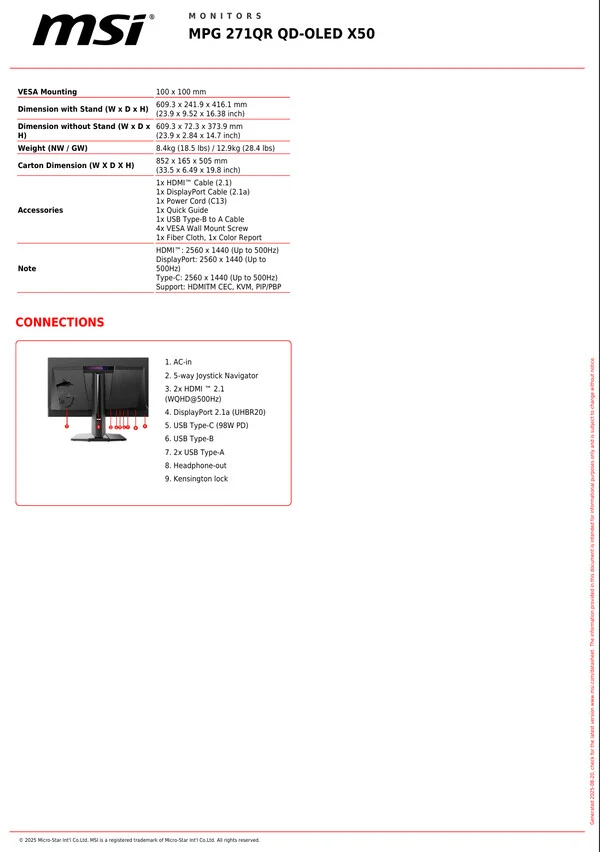 MSI MPG 271QR QD-OLED X50: New 500Hz OLED Gaming Monitor